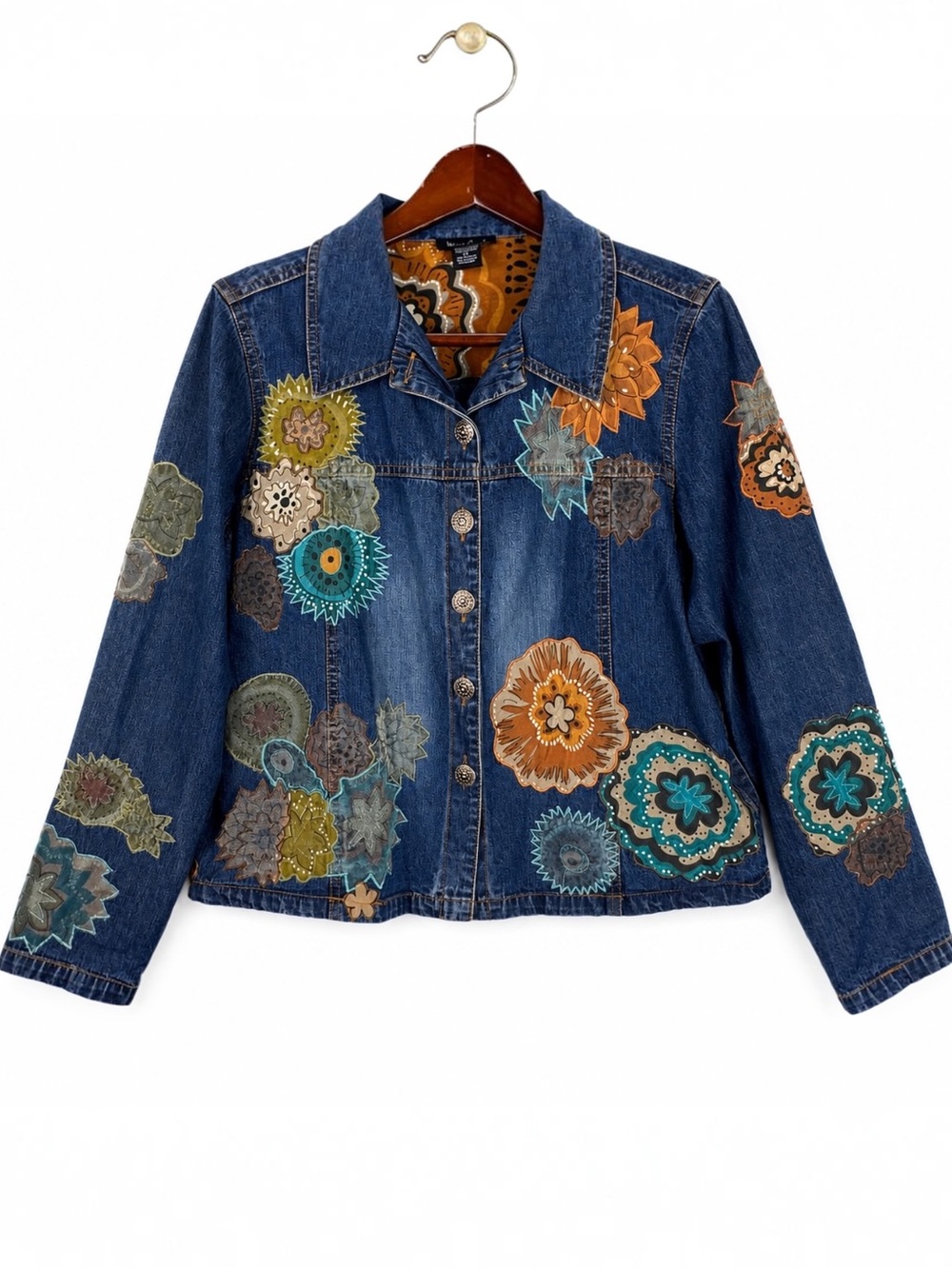 Vintage Y2K West End PL Floral Applique Denim Jacket Boho Art to Wear